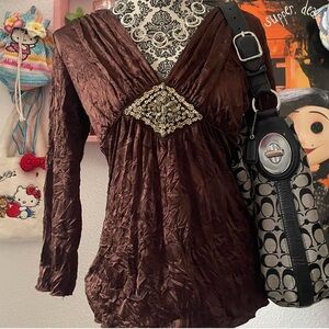 Chic Brown & Gold Women's Blouse with Embellished Detail